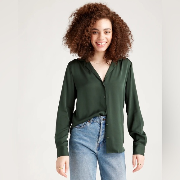 Quince Tops - Quince Washable Stretch Silk Notch Collar Forest Green Blouse